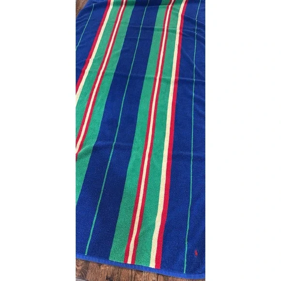 Vintage Ralph Lauren Home Beach Towel Stripe Blue Green Red Pony 34x69" - Picture 3 of 7